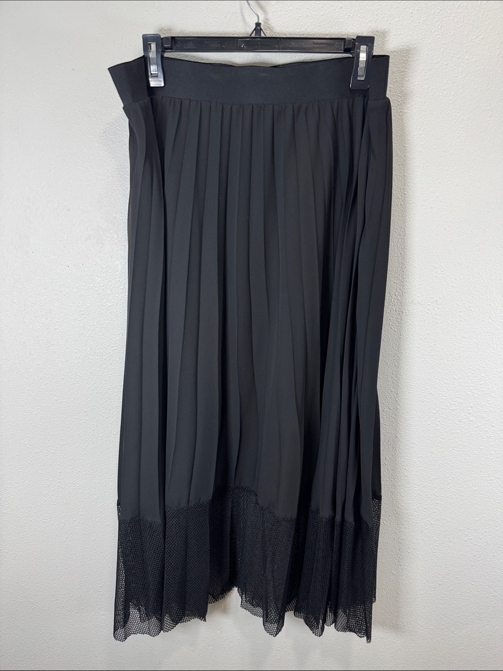 RACHEL Rachel Roy Black Pleated‎ Midi Skirt with Mesh Trim